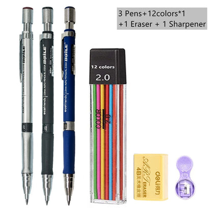 Mechanical Pencil Set 2.0 mm with 2B Black/Colors Lead Refill For