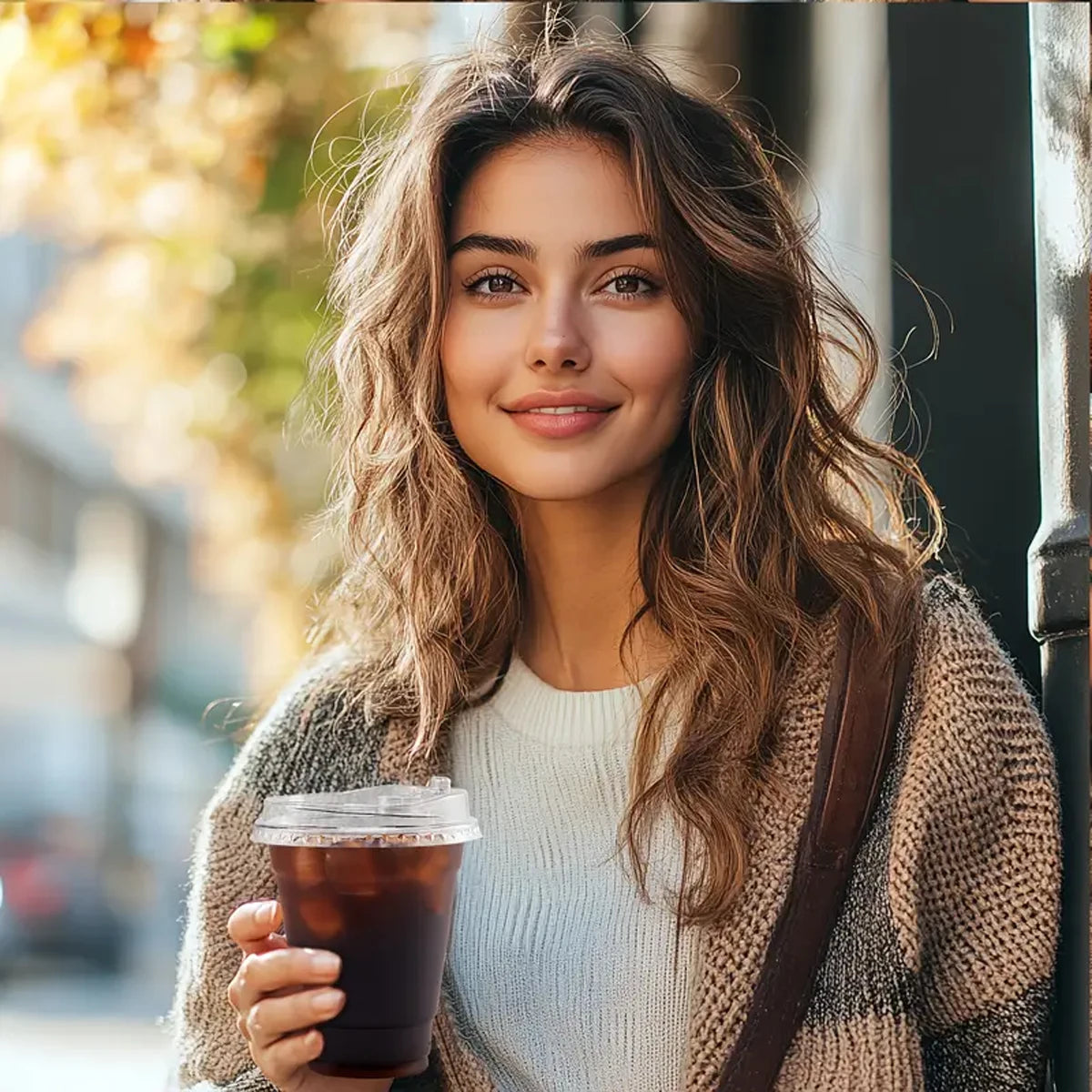 Woman holding a cup of coffee outdoors on a city street