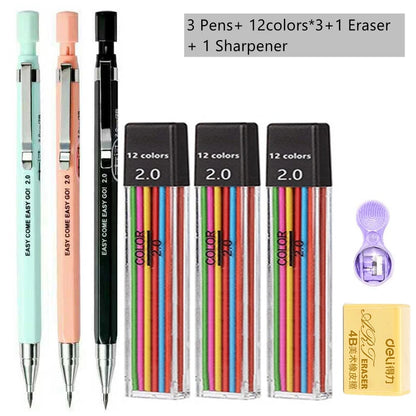 Mechanical Pencil Set 2.0 mm with 2B Black/Colors Lead Refill For