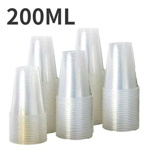 Stacks of clear plastic cups with '200ML' text on a white background
