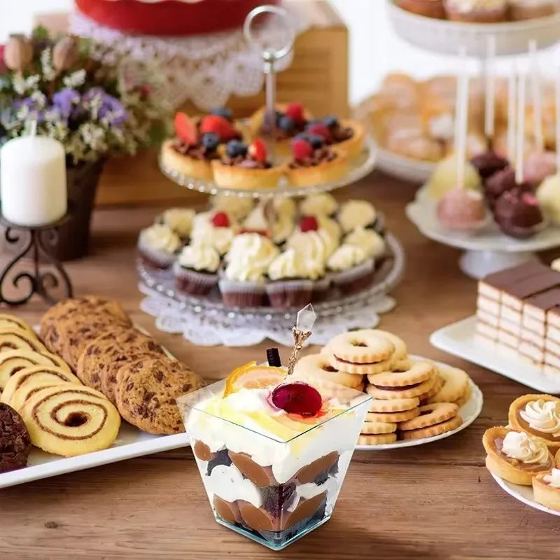 Dessert table with various pastries and a layered dessert in the foreground.