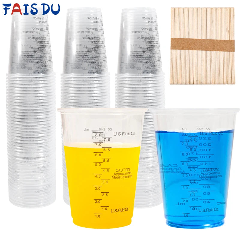 FAIS DU 8oz Disposable Measuring Cups with Stirring Sticks Plastic