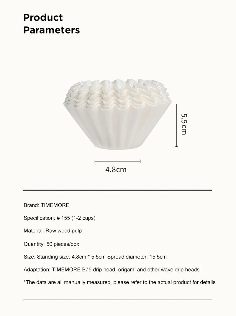 TIMEMORE 1-2Cups Basket Coffee Paper Filter Pour Over Filter Papers 50