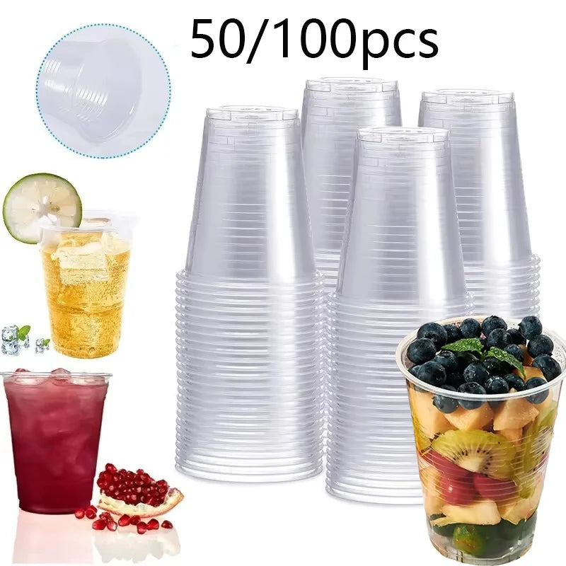 Clear plastic cups with drinks and fruits on a white background