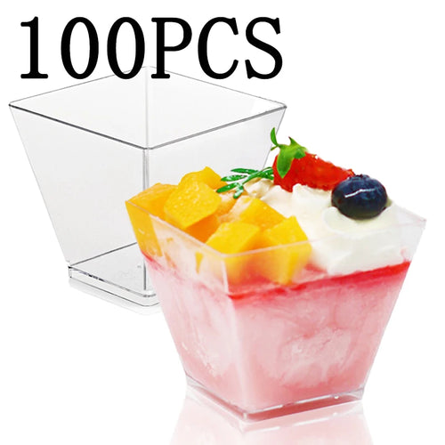 Clear plastic dessert cups with a fruit salad inside, labeled '100PCS'.