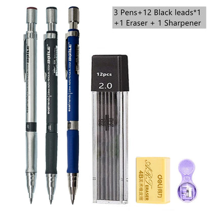 Mechanical Pencil Set 2.0 mm with 2B Black/Colors Lead Refill For