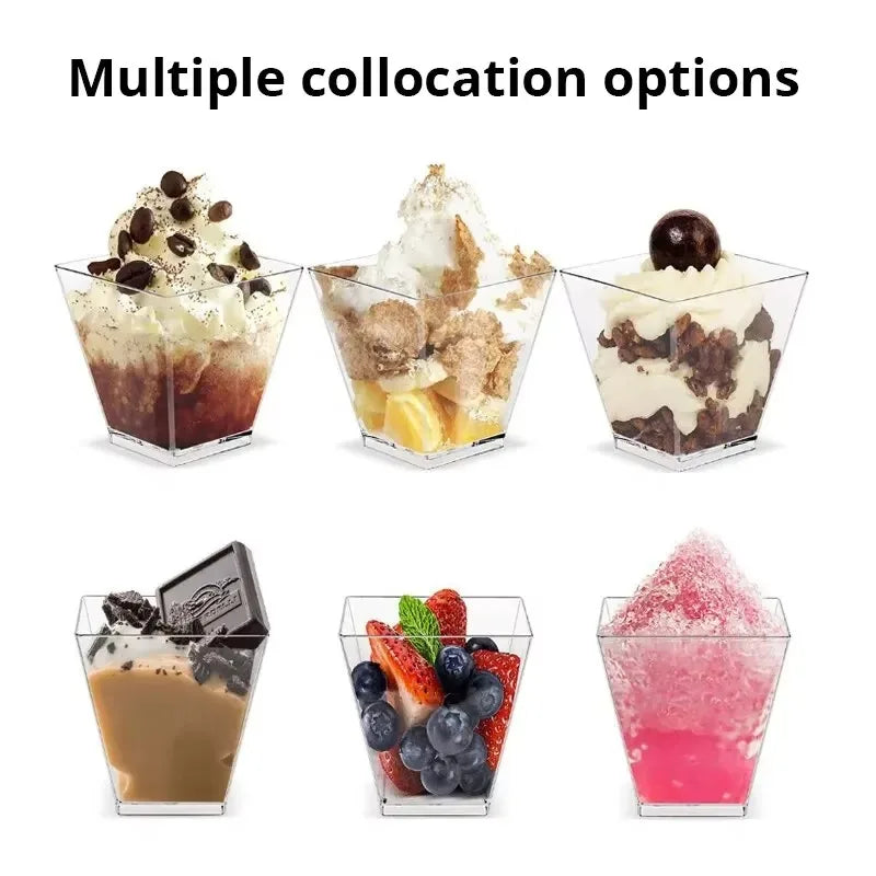 Six small dessert cups with various ice cream and toppings on a white background