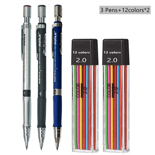 Mechanical Pencil Set 2.0 mm with 2B Black/Colors Lead Refill For