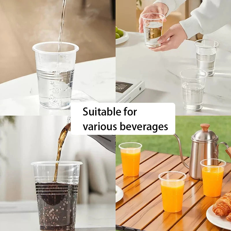 Collage of images showing clear plastic cups being used for various beverages on different settings.