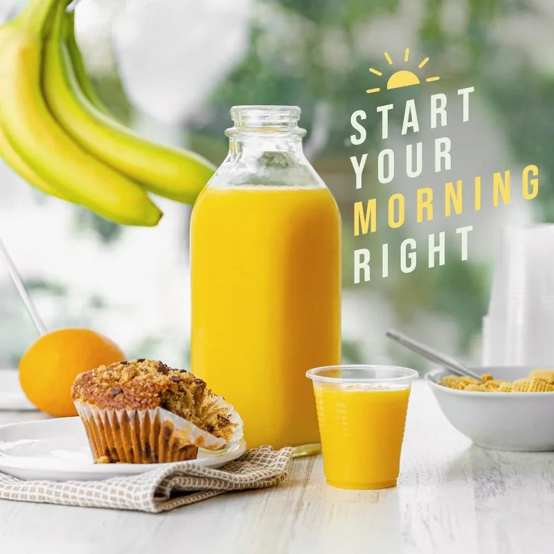 Orange juice, muffin, and cereal with 'Start Your Morning Right' text on a table.