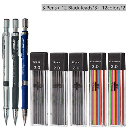 Mechanical Pencil Set 2.0 mm with 2B Black/Colors Lead Refill For