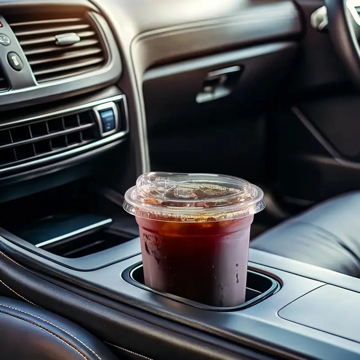 Plastic cup of iced coffee in a car's cup holder