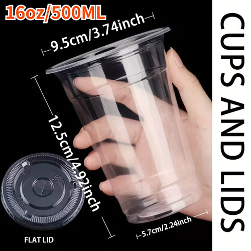 50PCS Disposable Plastic Cups with Lids for Ice Coffee Cold Drinks