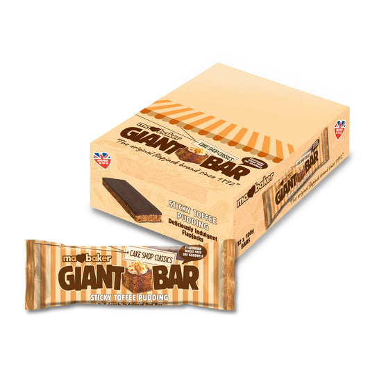 Box of Ma Baker Giant Bar Sticky Toffee Pudding on a white background