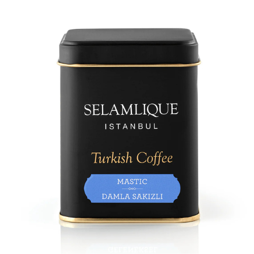 selamlique turkish coffee Black coffee tin with gold accents and text on a white background