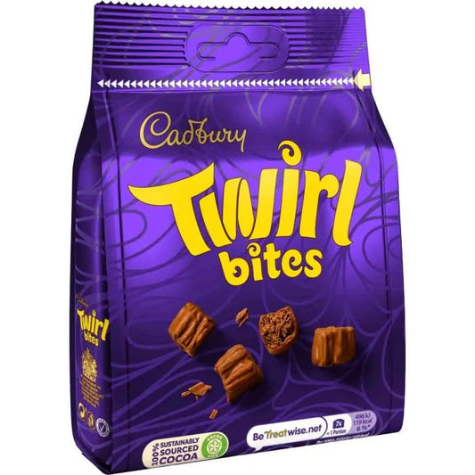 Purple packaging of Cadbury Twirl bites with yellow text on a white background