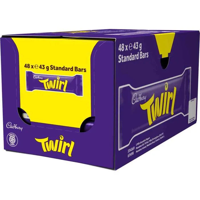 Box of Cadbury Twirl candy bars with purple and yellow design