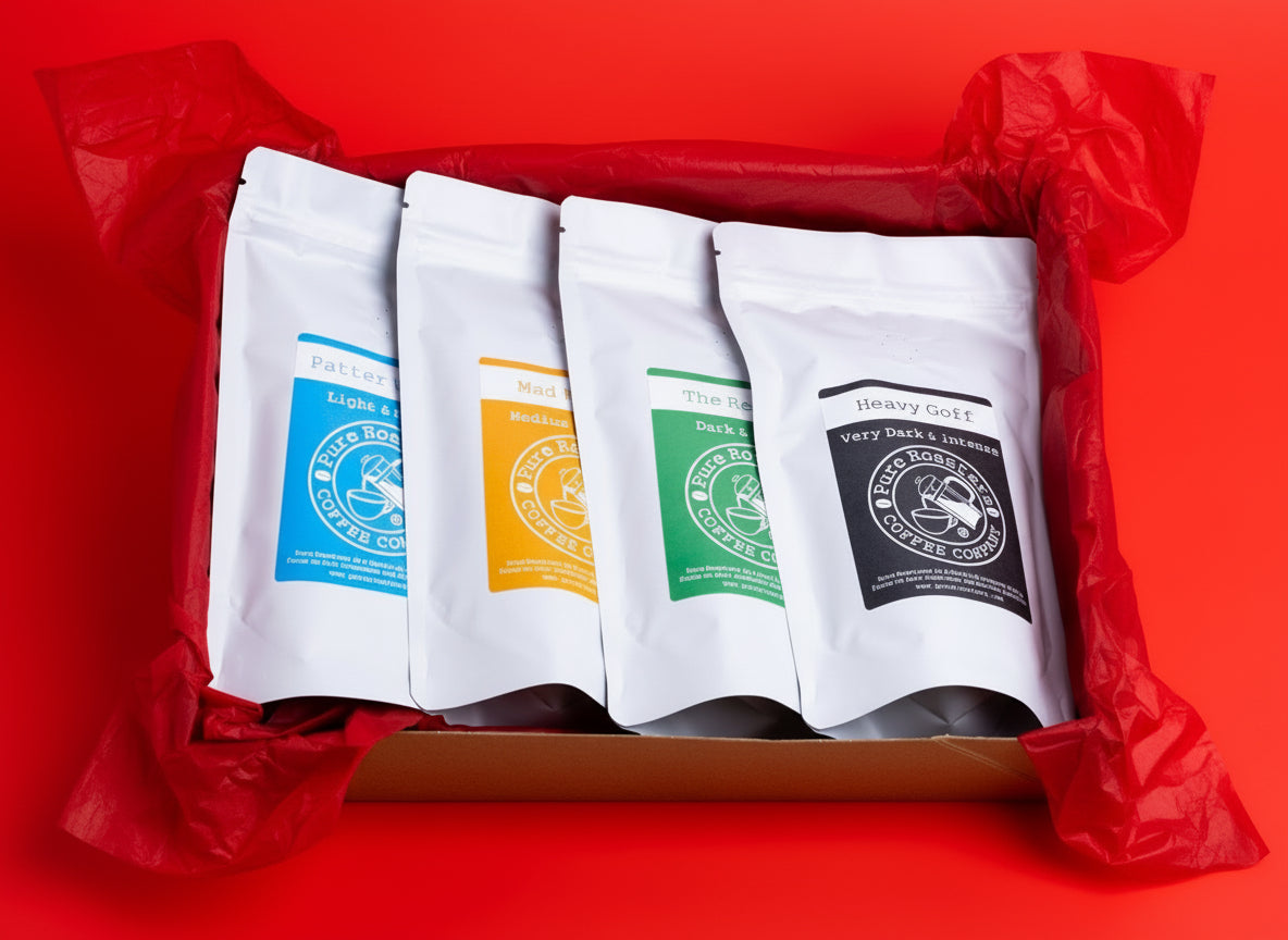 Five white coffee bags with colorful labels in a box on a red background