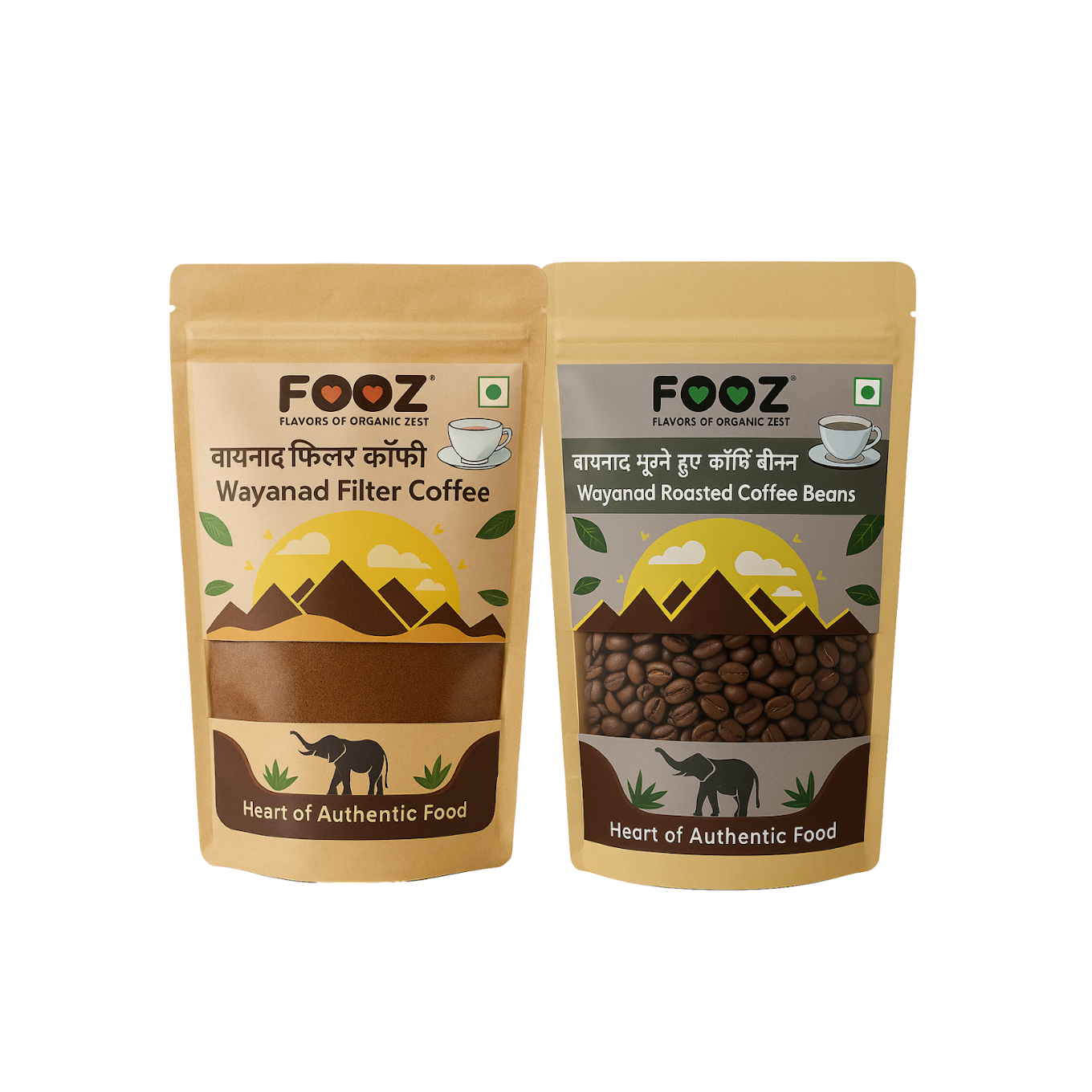 Two packages of Fooz Wayanad Filter Coffee and Wayanad Roasted Coffee Beans on a white background