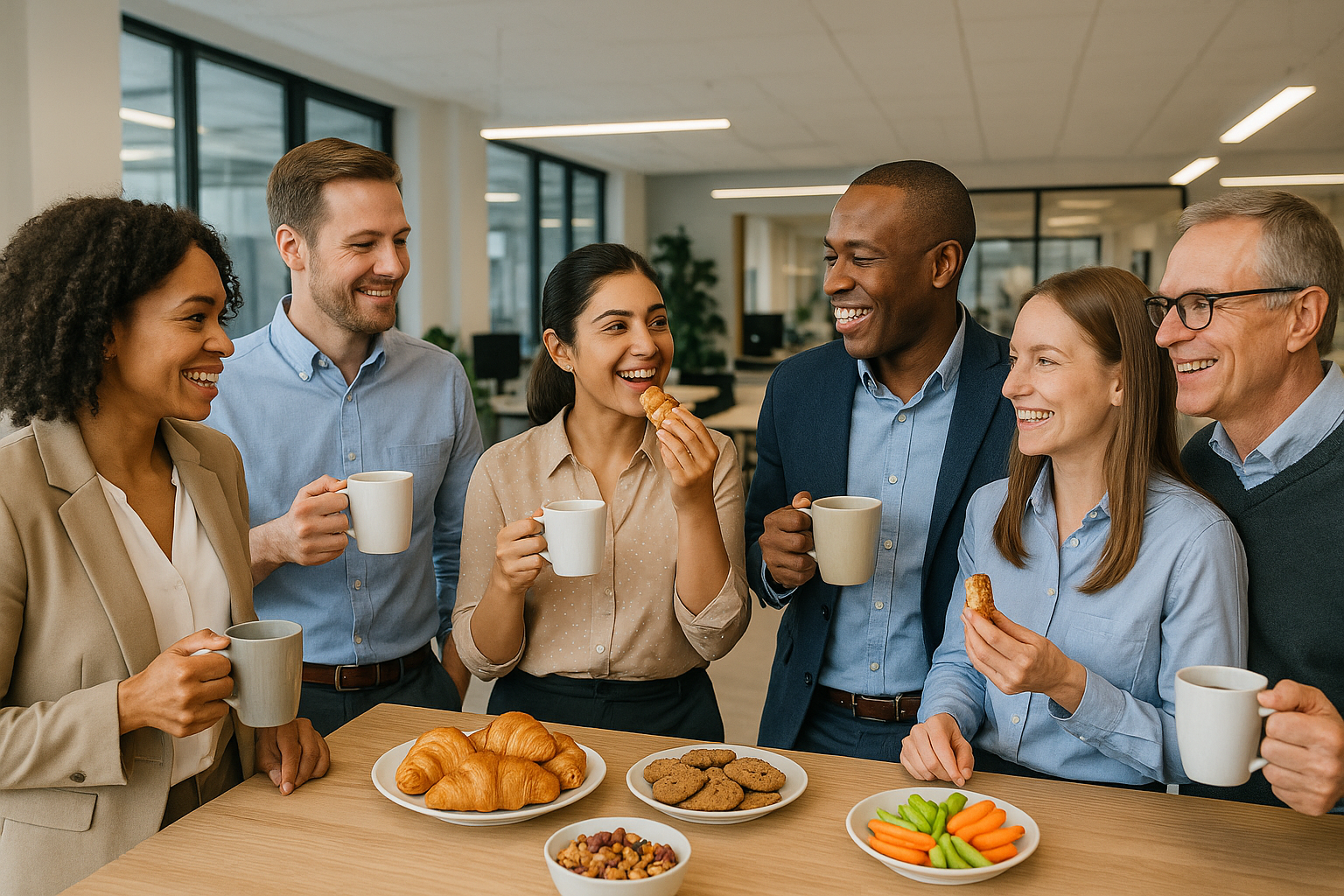 peoples, office workers drinking coffee and eat snacks