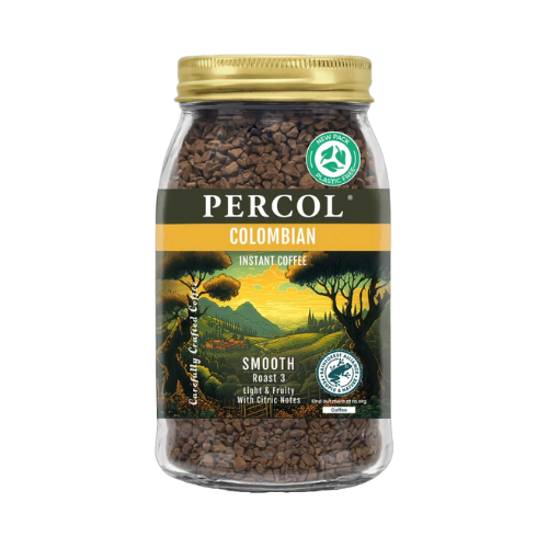 Jar of Percol Colombian instant coffee with a scenic label on a white background