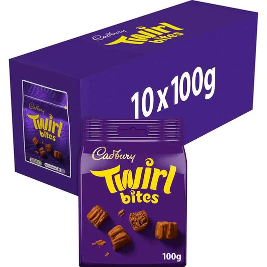 Cadbury Twirl Bites packaging with purple box and yellow text on a white background