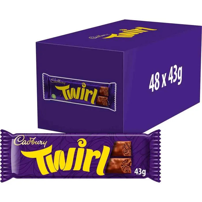 Cadbury Twirl chocolate bar packaging with a purple box containing 48 bars.