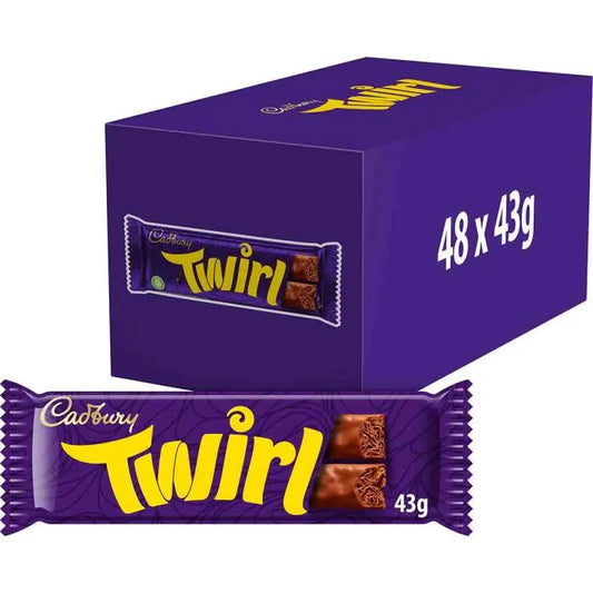 Cadbury Twirl chocolate bar packaging with a purple box containing 48 bars.
